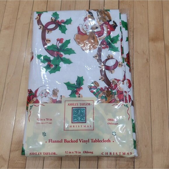 Vintage Ashley Taylor Flannel Backed Vinyl Tablecloth Oblong 52 X 70 Santa Holly - Picture 1 of 5